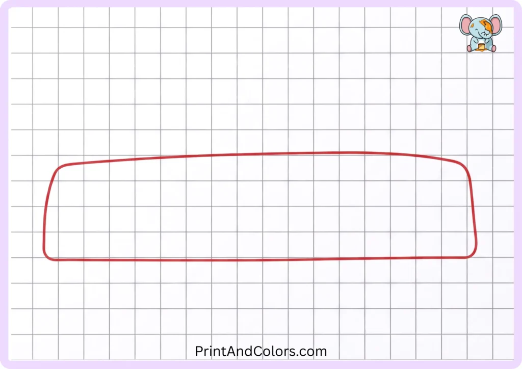 Step 1 of an easy car drawing showing a long rounded outline forming the main body of the car, with a mostly straight bottom line and gently curved front and rear ends.