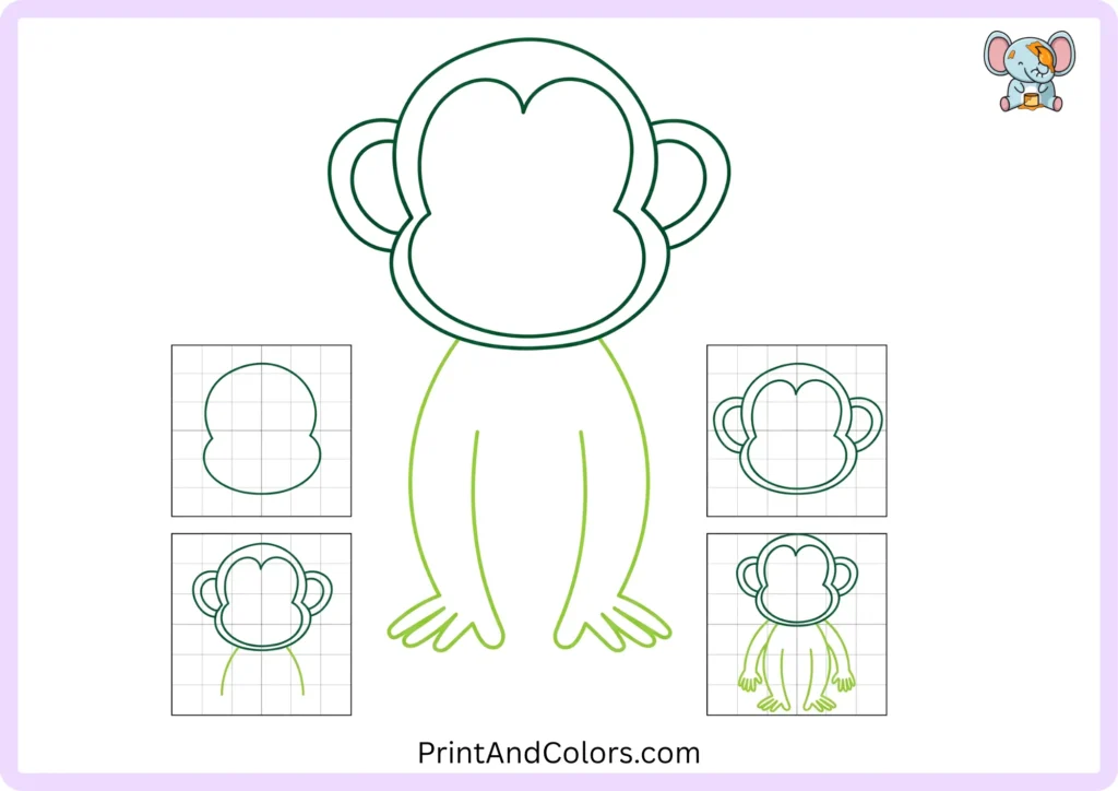 Step 4 of the monkey drawing tutorial showing the monkey's rounded body with two long arms extending down the sides, rounded hands, fingers, and curved lines separating the arms from the body.