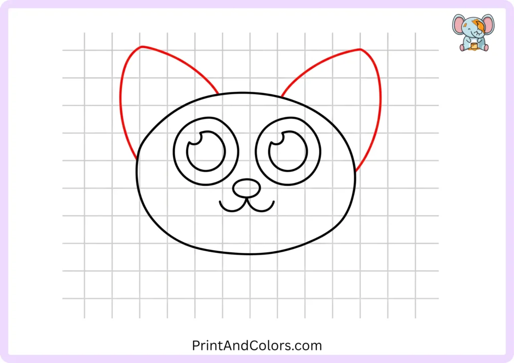 Step 5 showing two large pointed cat ears rising from both sides of the head with softly rounded tips