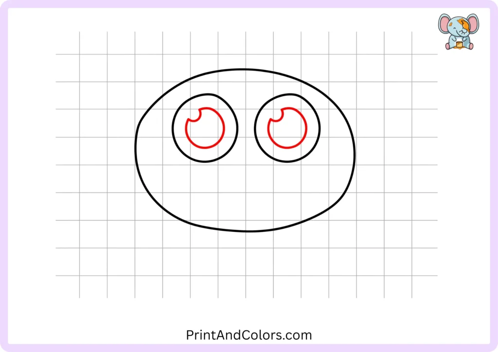 Step 3 showing smaller rounded shapes inside the cat's large eyes with curved blank areas left for bright eye highlights