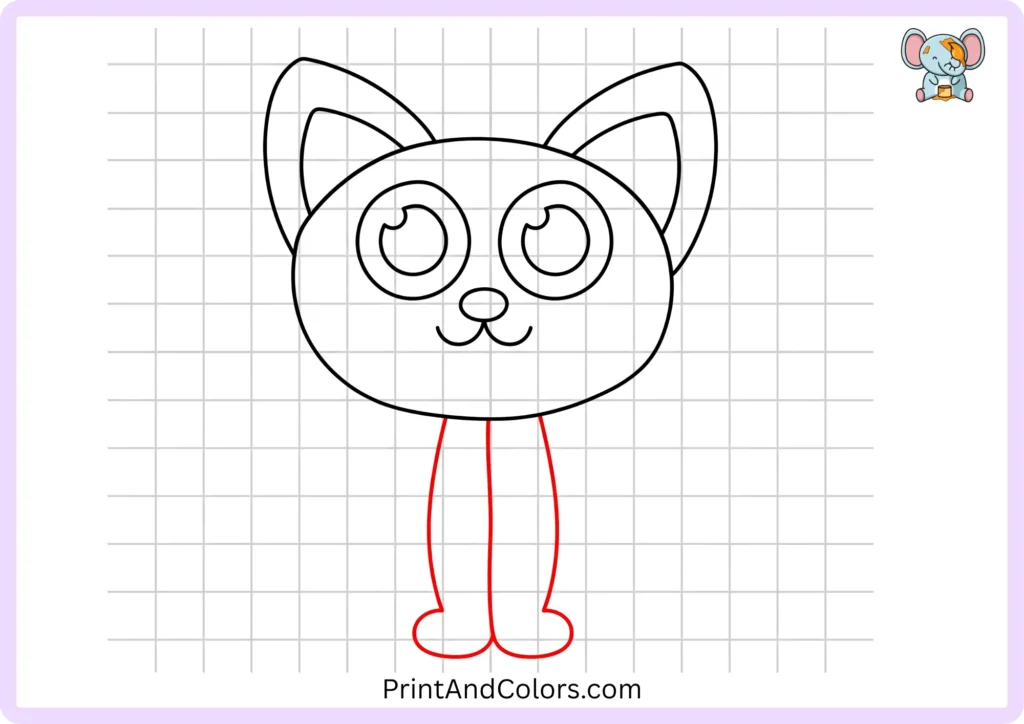 Step 7 showing two long curved front legs extending below the cat's head and ending in small rounded front paws