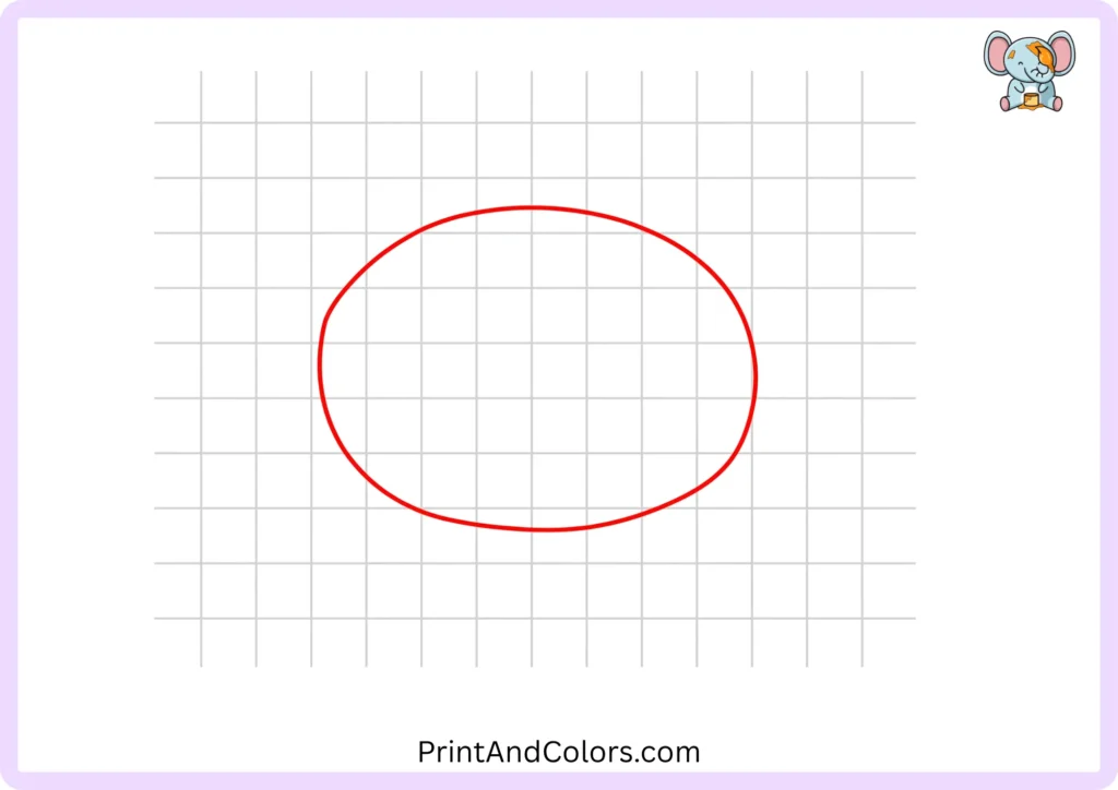 Step 1 of an easy cat drawing showing a large horizontal oval lightly sketched to form the cat's head and leave space for the facial features