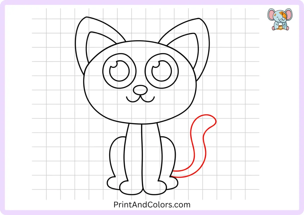 Step 9 showing a long curved cat tail extending beside the body and sweeping upward to a rounded tip