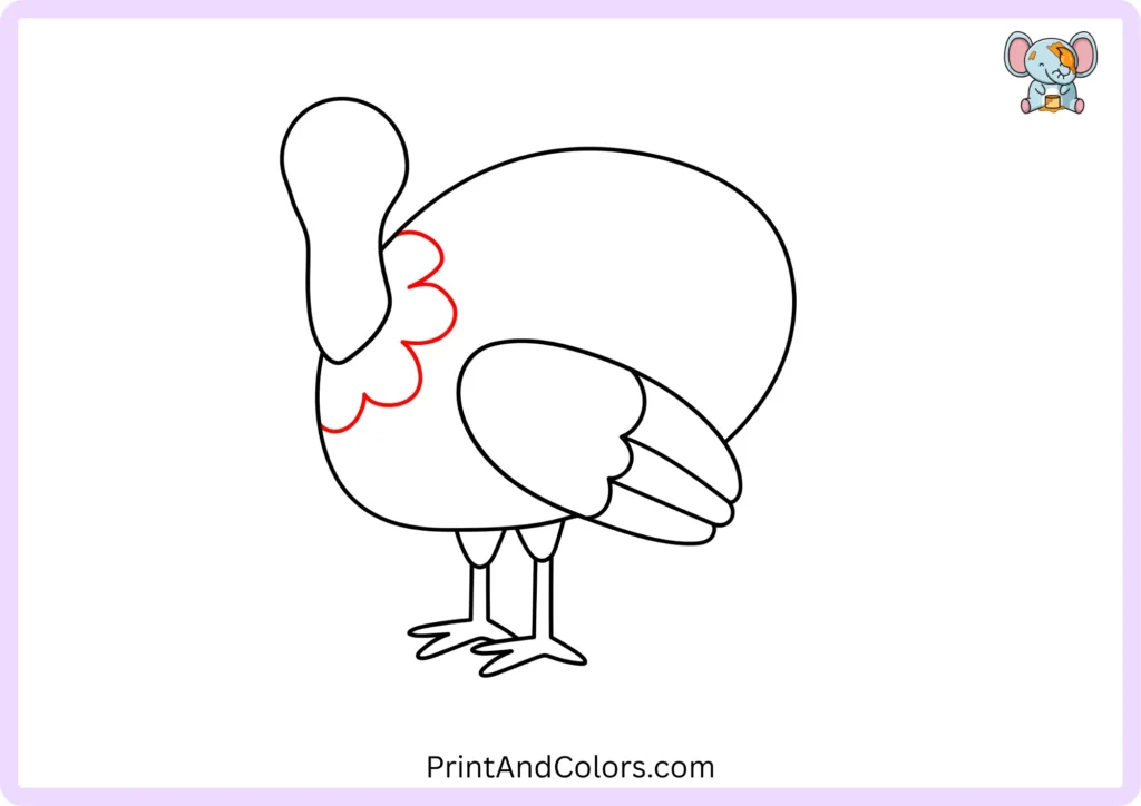 Easy turkey drawing step 7 showing rounded chest feather lines connecting the turkey's neck and body