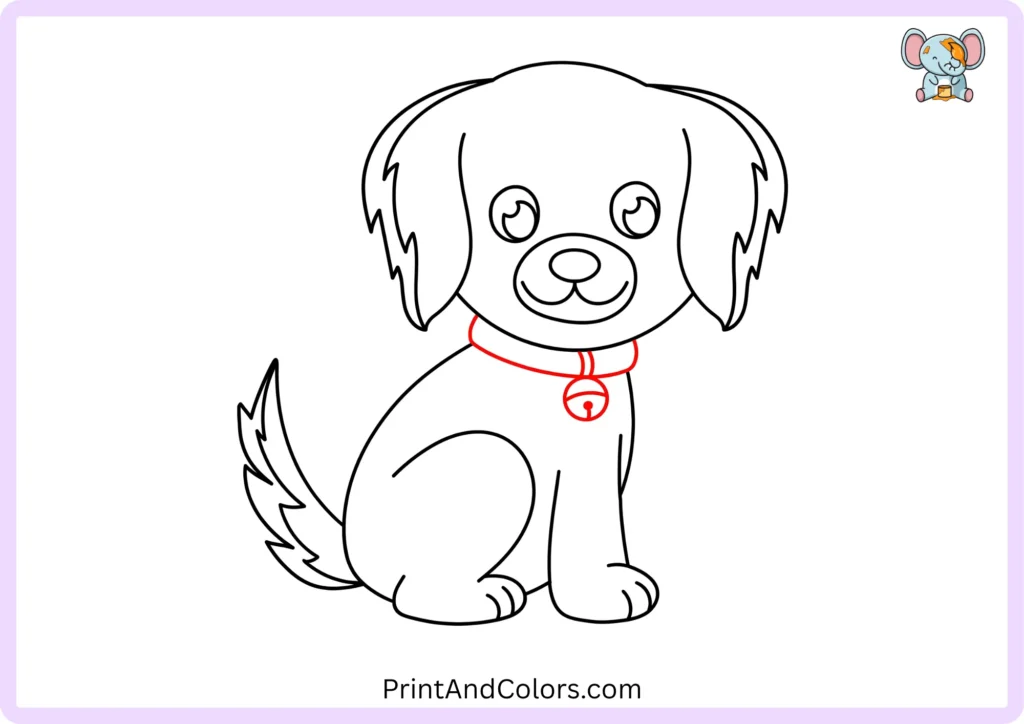 Simple dog illustration with a curved collar drawn underneath the head and around the neck