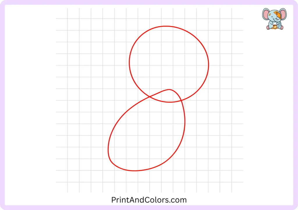 Dog drawing beginning with a large round head shape and a tilted oval body shape overlapping underneath as light construction guidelines