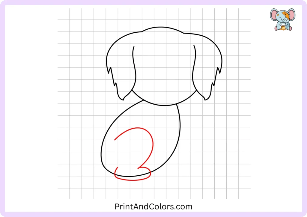 Beginner dog drawing showing a curved hind leg extending from the lower body and ending in a wide rounded back paw