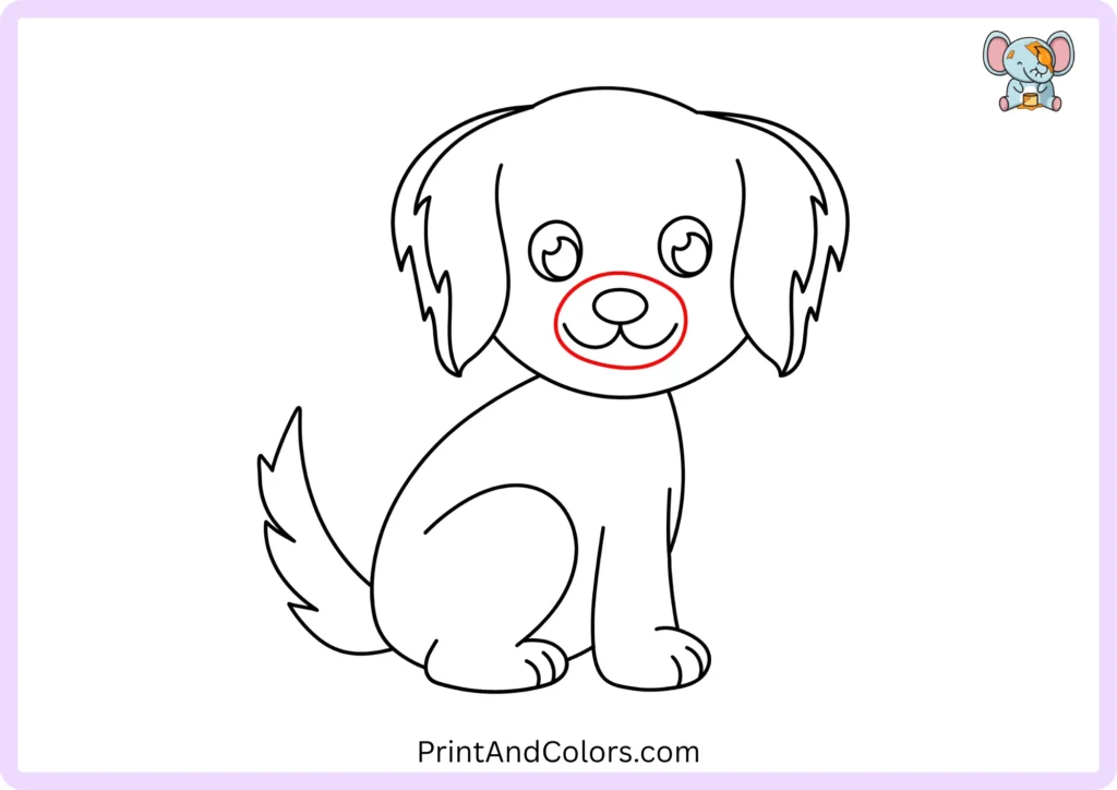 Cute dog face with a large rounded muzzle outline surrounding the nose and smiling mouth in the center of the head