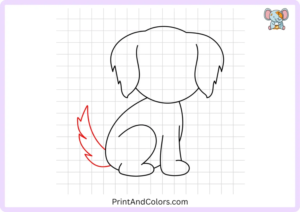 Cute dog sketch with a long fluffy tail sweeping outward and upward from the rear of the body with small pointed fur details