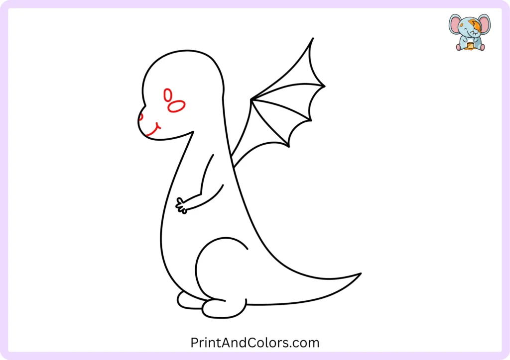 Friendly dragon drawing step 8 showing the oval eye, cheek, small nostril, and curved smiling mouth added to the dragon's face