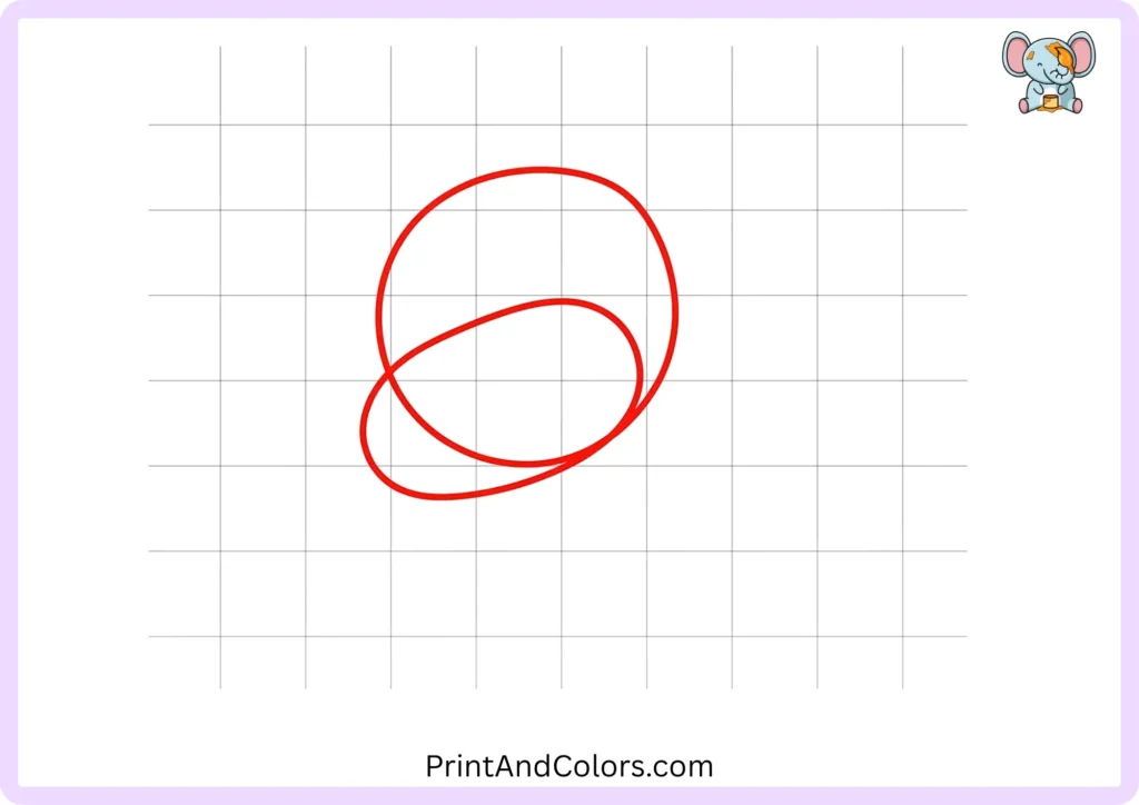 Easy dragon drawing step 1 showing a large circle and smaller overlapping oval as light construction guides for the dragon's head and rounded snout