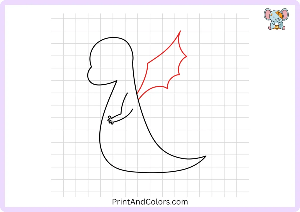 Dragon drawing step 4 showing a large pointed wing rising from the dragon's back with a curved outer edge and pointed top