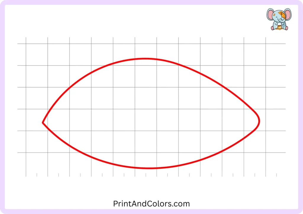 Step 1 of how to draw an eye showing two smooth curved lines joined at both ends to create a simple almond-shaped eye outline for kids and beginners