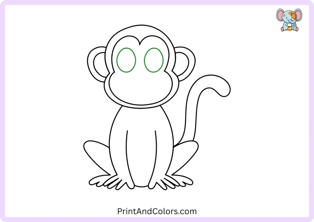 Step 8 of the monkey drawing tutorial showing two large oval eye outlines added near the top of the monkey's face, positioned evenly with space between them.