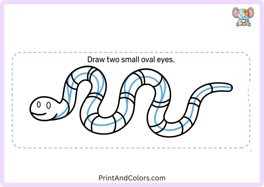 Snake drawing step 5 showing two small oval eyes on the snake's head
