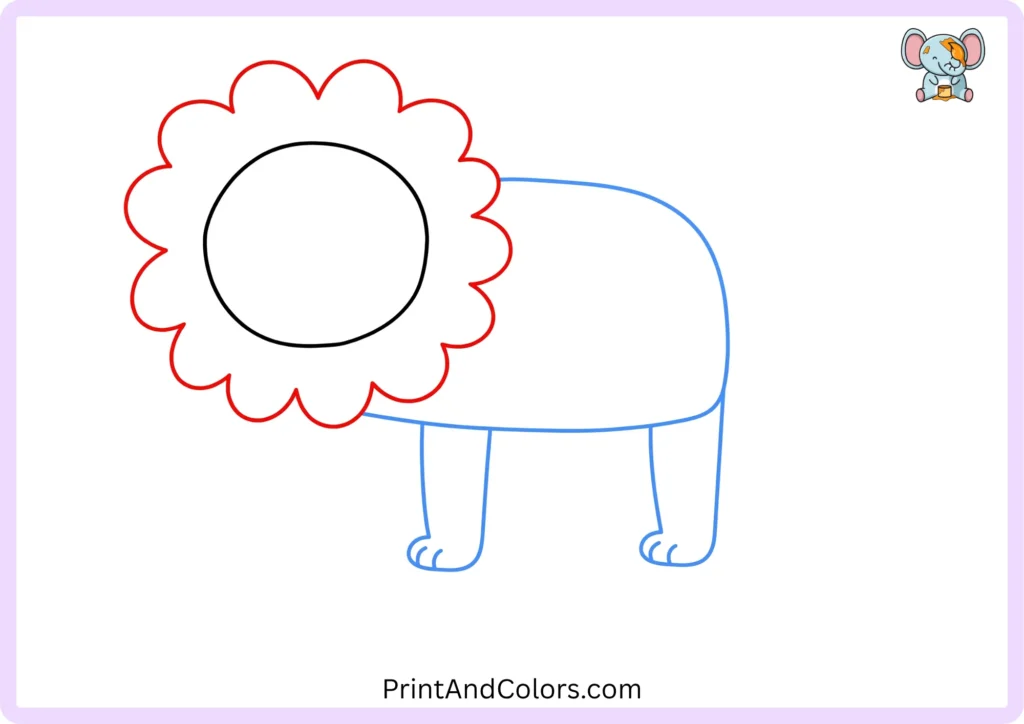 Fifth step showing the first front and back legs added beneath the lion's body with rounded paws