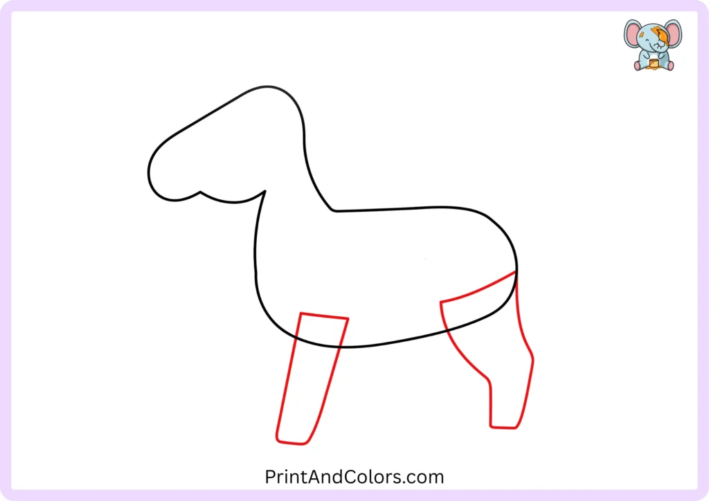 Step 3 of how to draw a horse showing the first long front leg and one bent hind leg extending from the horse's body, with simple curved lines used to establish the horse's leg positions
