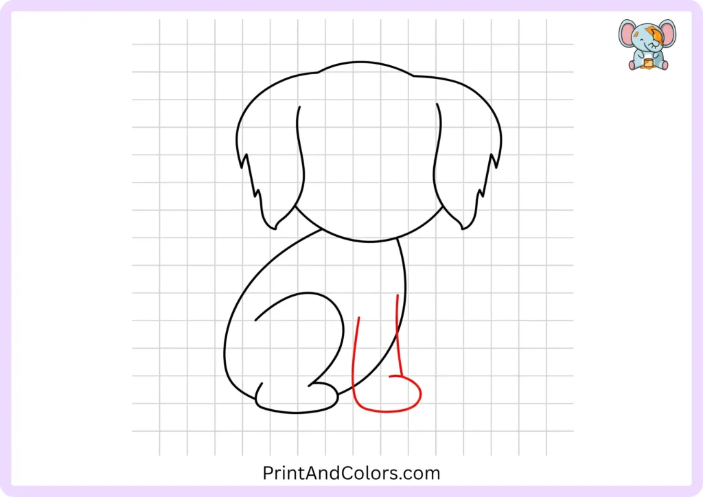 Dog outline with a long front leg drawn down from the body and a rounded front paw connected with curved lines