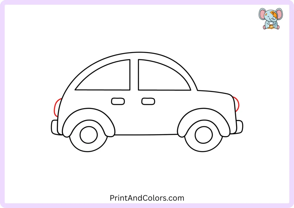 Step 9 showing a rounded front light and rear light added above the bumpers at opposite ends of the car.