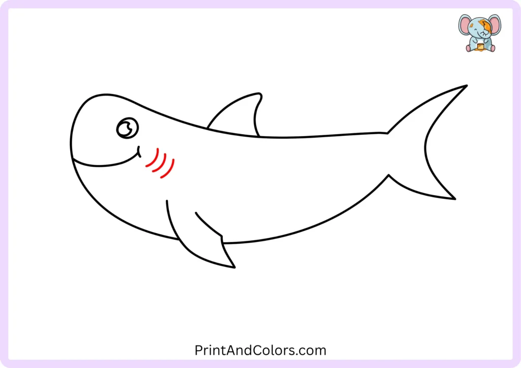 Step 8 showing several short curved gill lines behind the shark's mouth, following the natural curve of the body to add simple anatomical detail