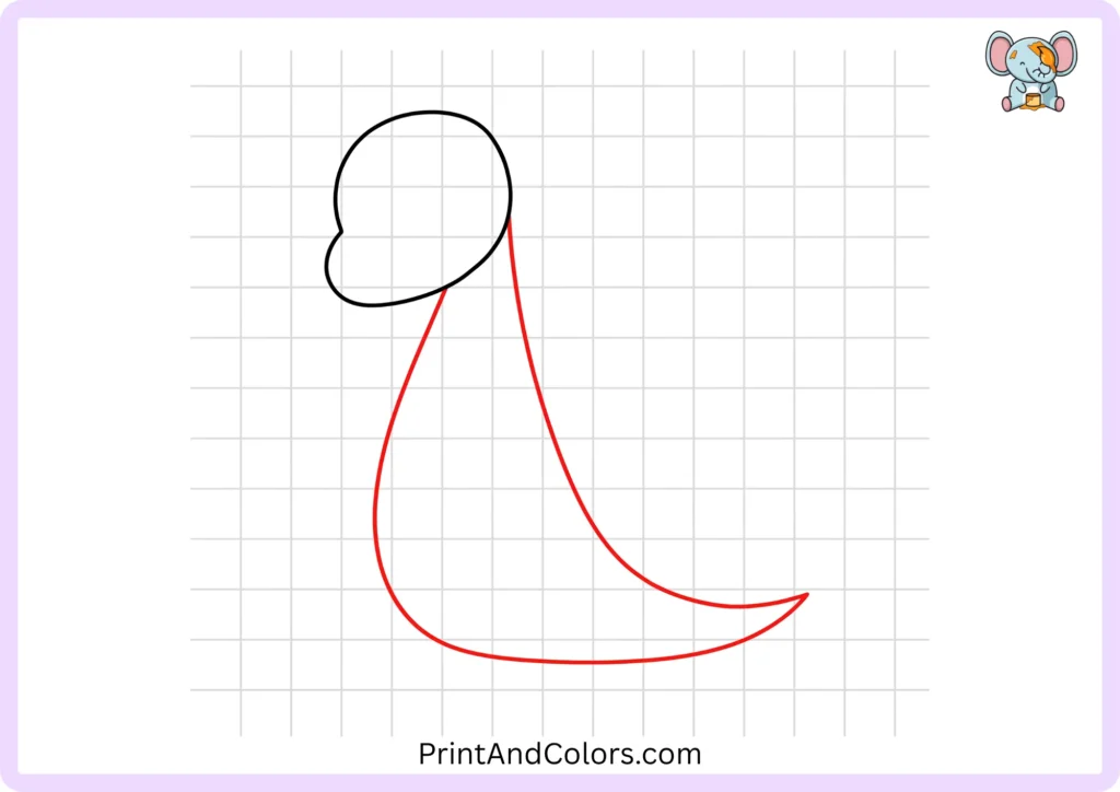 Dragon drawing step 2 showing the rounded head, curved body outline, and long sweeping tail formed from the initial guide shapes