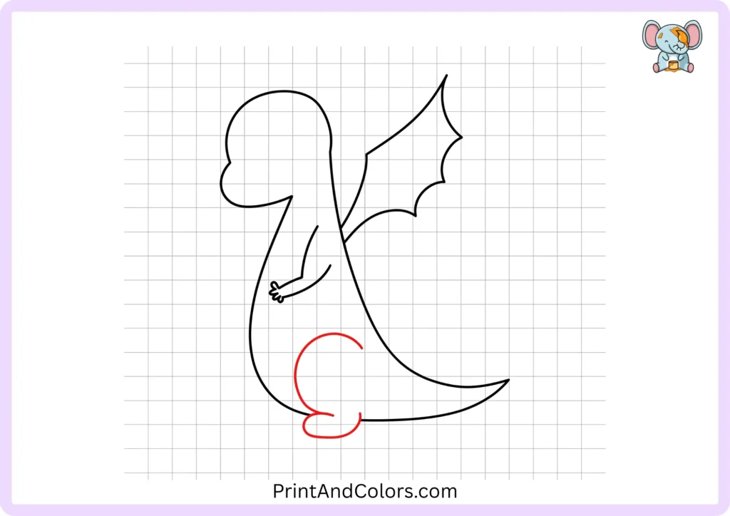 Dragon drawing step 5 showing one curved hind leg extending from the lower body into a large rounded rear paw