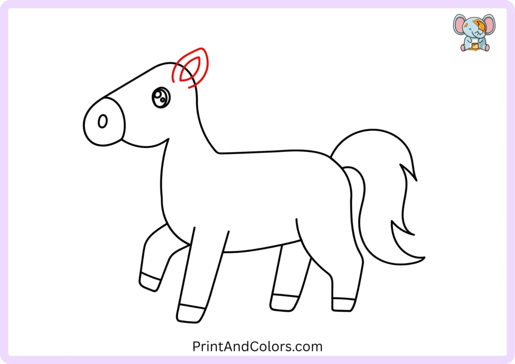 Step 10 of the easy horse drawing showing a pointed ear added to the top of the horse's head, with a smaller curved shape inside the ear for additional detail