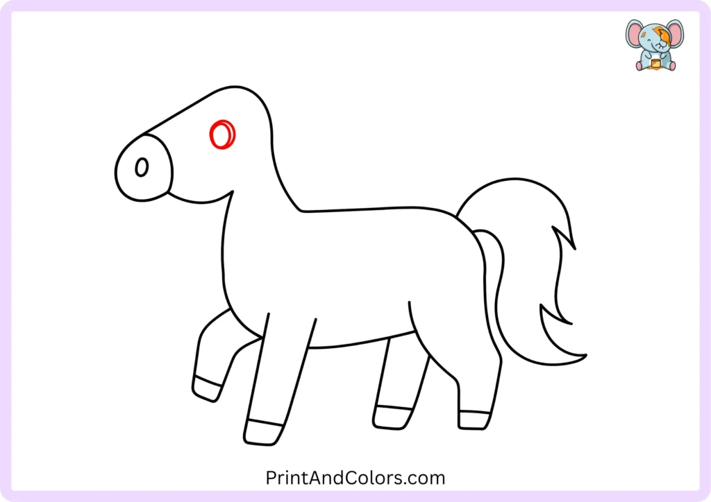 Step 8 of the horse drawing tutorial showing a small oval eye positioned above the muzzle on the horse's head, leaving space above it for the ear and mane