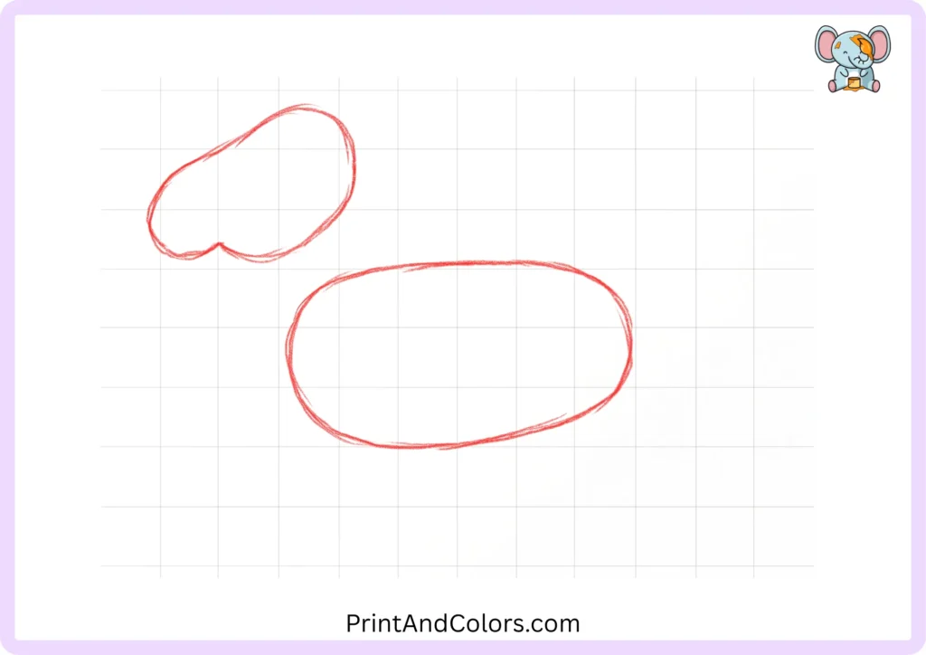 Step 1 of how to draw a horse showing two simple rounded shapes for the horse's head and larger body, positioned with space between them for adding the neck and chest