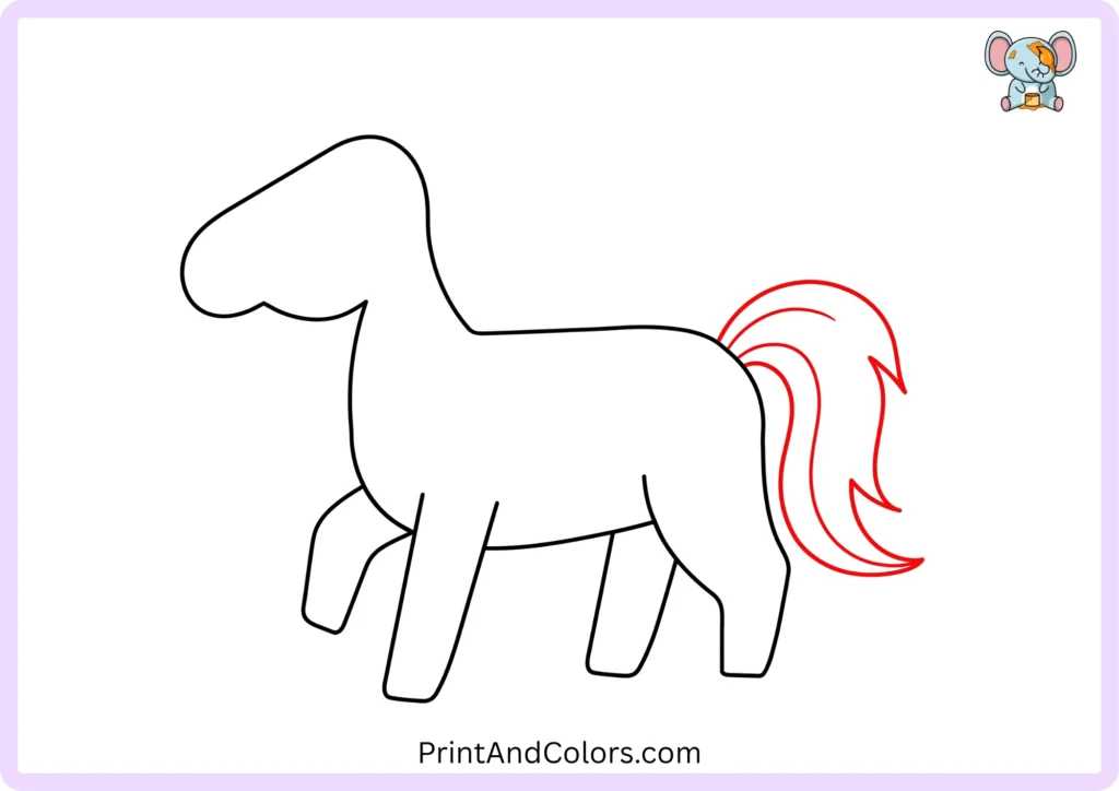 Step 5 of the horse drawing tutorial showing a large flowing tail attached to the back of the horse, created with long curved lines that sweep outward and end in a pointed shape