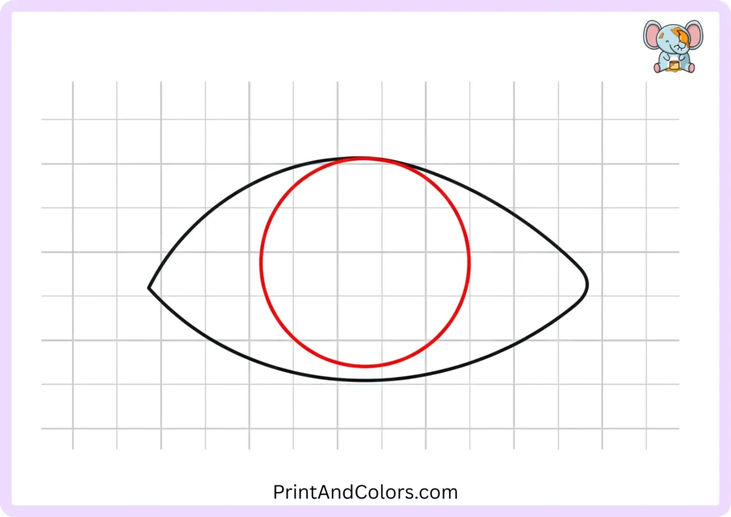 Step 2 of an easy eye drawing showing a large circular iris placed inside the eye outline, with the top and bottom of the iris touching the surrounding eye shape