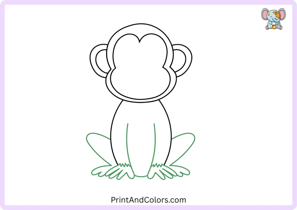 Step 6 of the monkey drawing tutorial showing two bent legs extending from the lower body, with large rounded feet and several curved lines representing the monkey's toes.