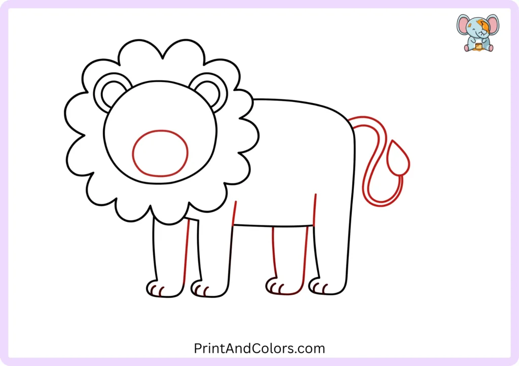 Tenth step showing the lion's two eyes and rounded muzzle added to the center of its face