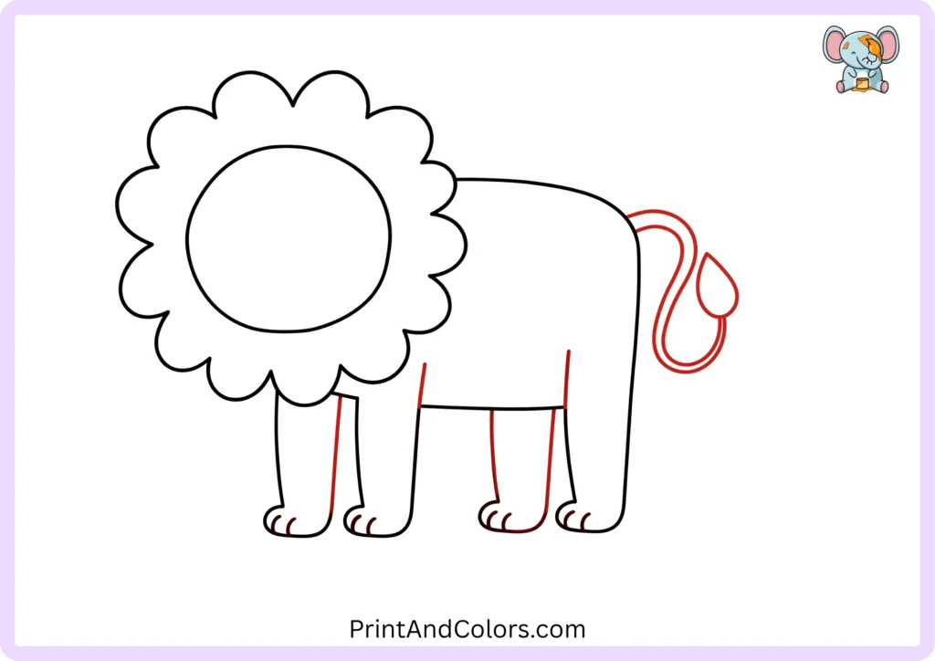 Eighth step showing a curved lion tail extending from the back of the body with a fluffy tuft at the tip
