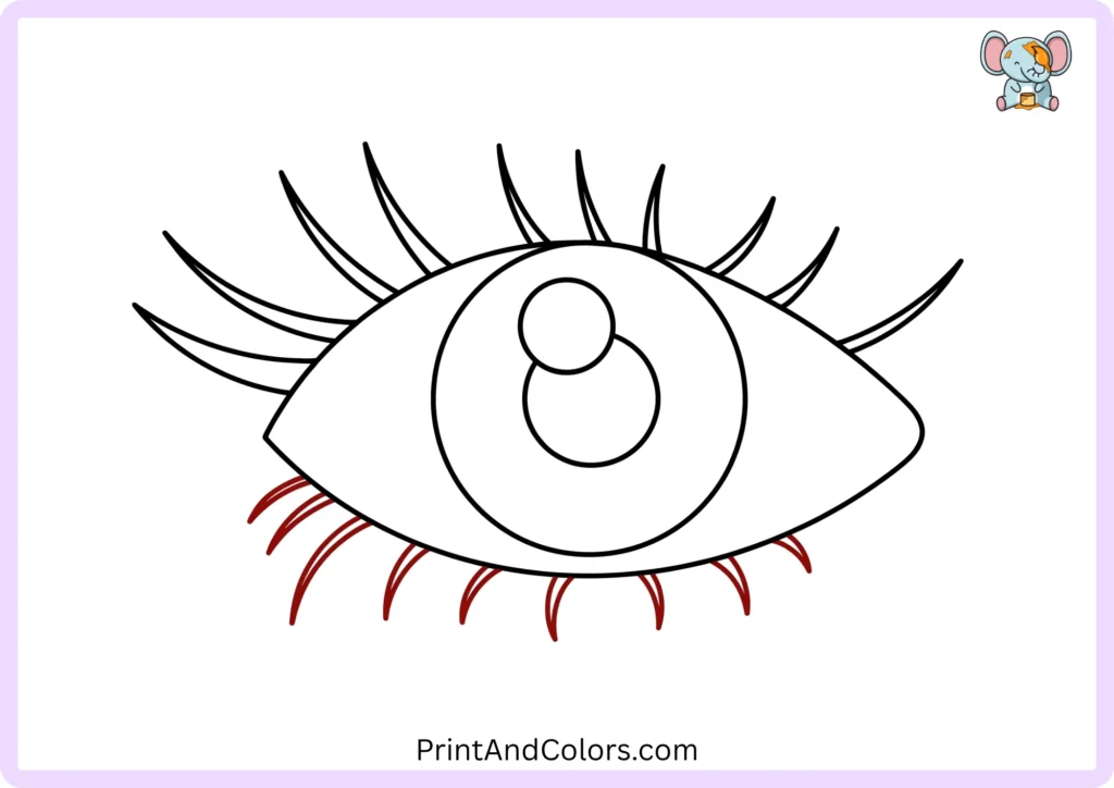 Step 8 showing four short curved lower eyelashes extending downward and outward from the lower left side of the eye