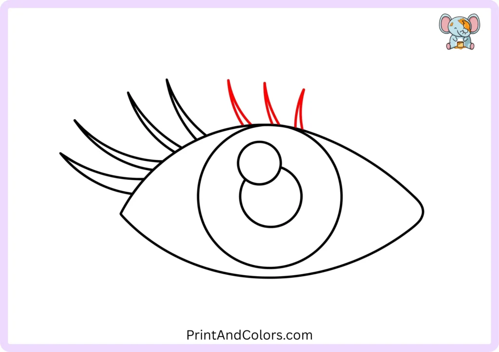 Step 6 showing three additional curved pointed eyelashes added along the middle of the upper eyelid of the eye drawing