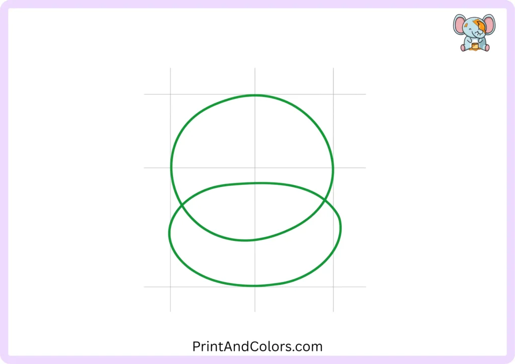 Step 1 of the monkey drawing tutorial showing two overlapping light pencil shapes used as guidelines for the monkey's head, including a large round shape and a wide oval across the lower part.