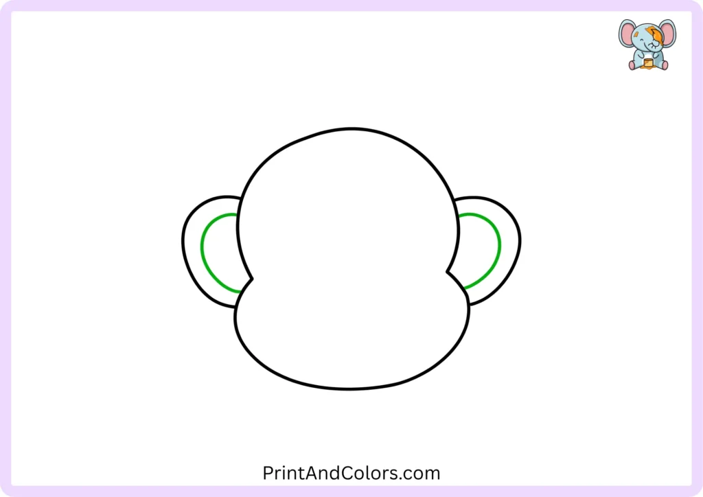 Step 2 of the monkey drawing tutorial showing the rounded outline of the monkey's head with two large circular ears and smaller inner ear shapes added on both sides.