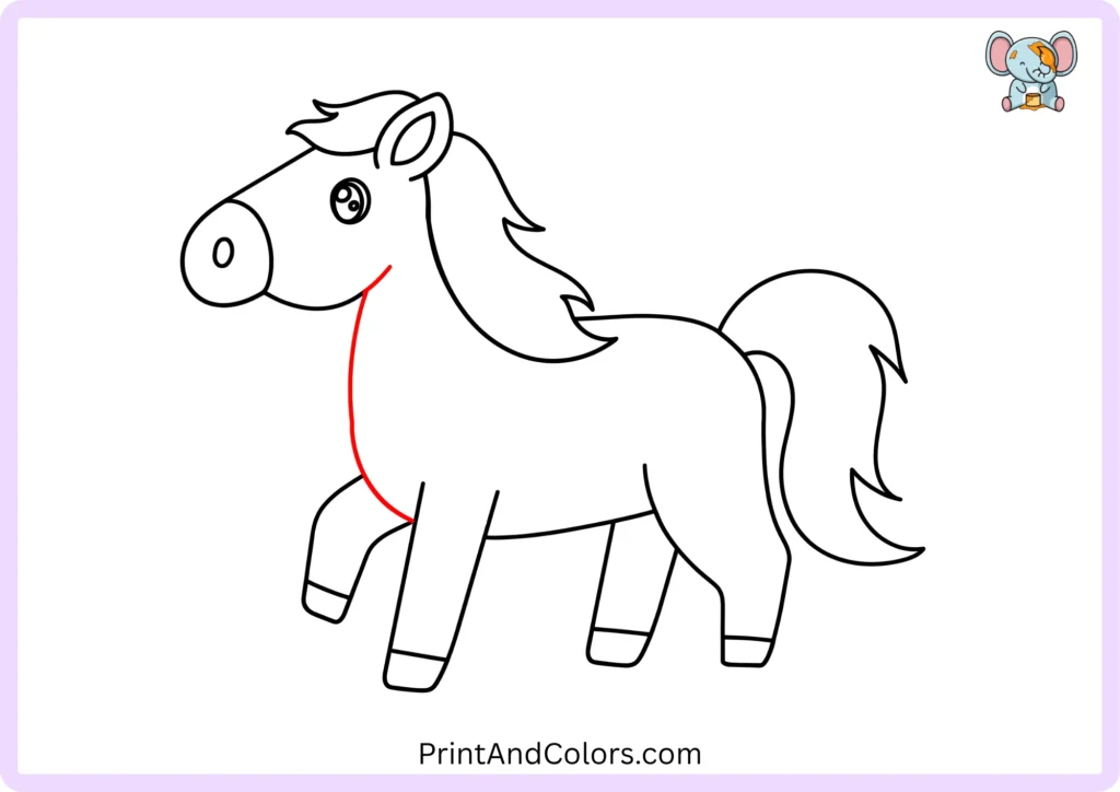 Step 12 of how to draw a horse showing a short curved mouth line near the lower part of the horse's muzzle, completing the friendly facial expression