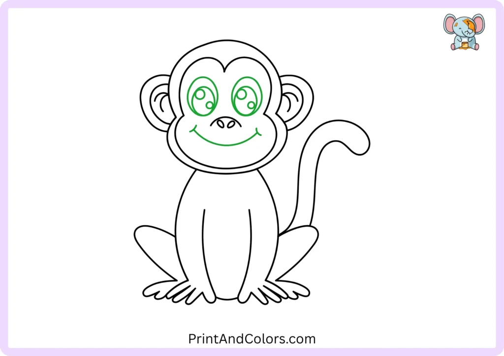 Step 12 of the monkey drawing tutorial showing a long curved smile beneath the nose with small rounded lines added at both ends of the monkey's mouth.