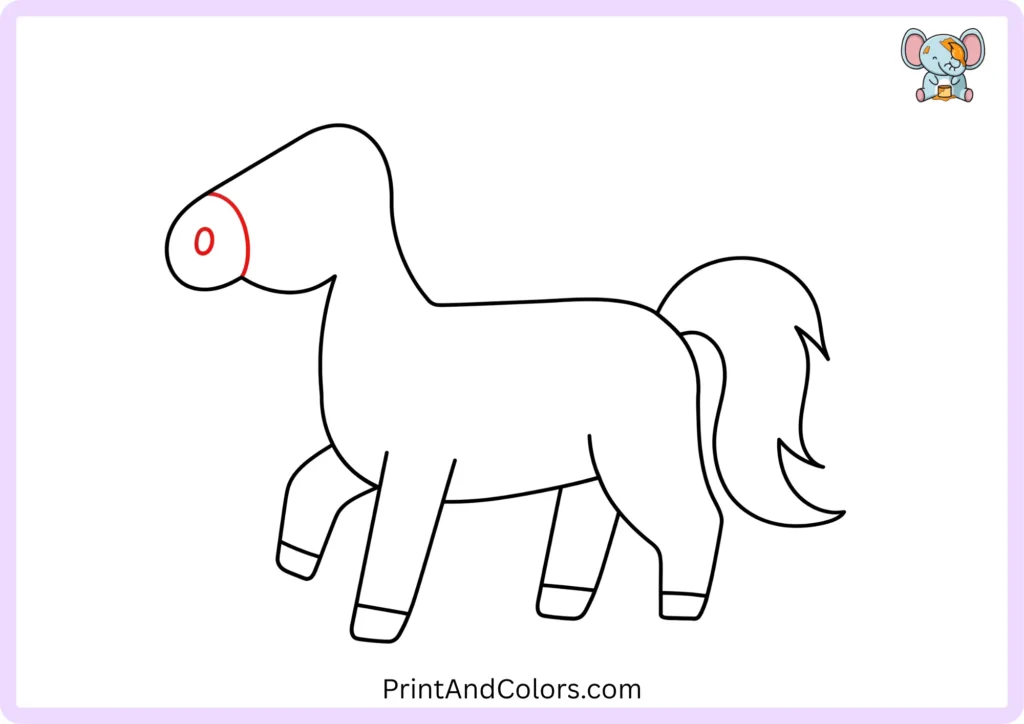 Step 7 of the easy horse drawing showing the horse's curved muzzle and a small oval nostril added to the front of the head to create recognizable facial features