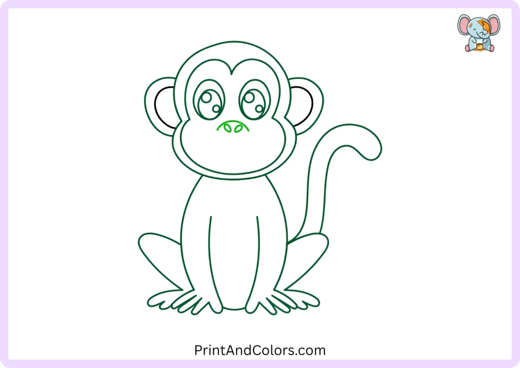 Step 11 of the monkey drawing tutorial showing a small curved nose between the eyes with two small oval nostrils added underneath.
