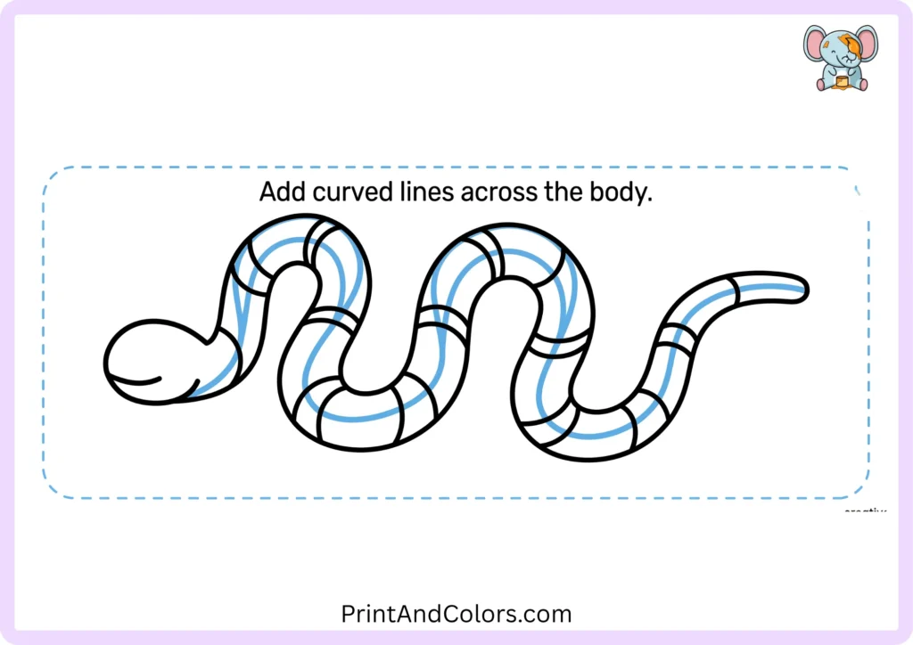 Snake drawing step 4 showing curved inner body lines that create the snake's winding shape