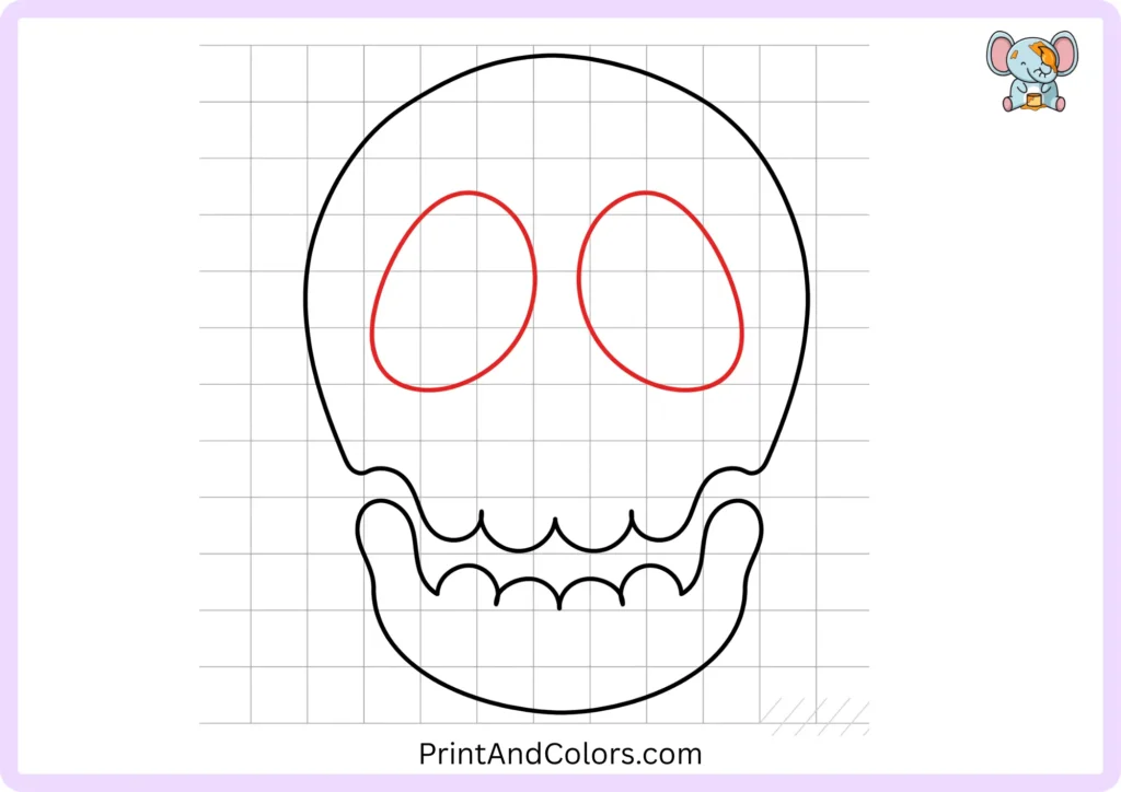 Step 3 of the skull drawing guide showing two large rounded eye sockets positioned symmetrically inside the skull outline