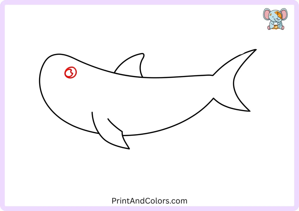 Step 6 showing a small rounded eye added to the front of the shark's head, with a tiny highlight left inside the eye for a lively appearance