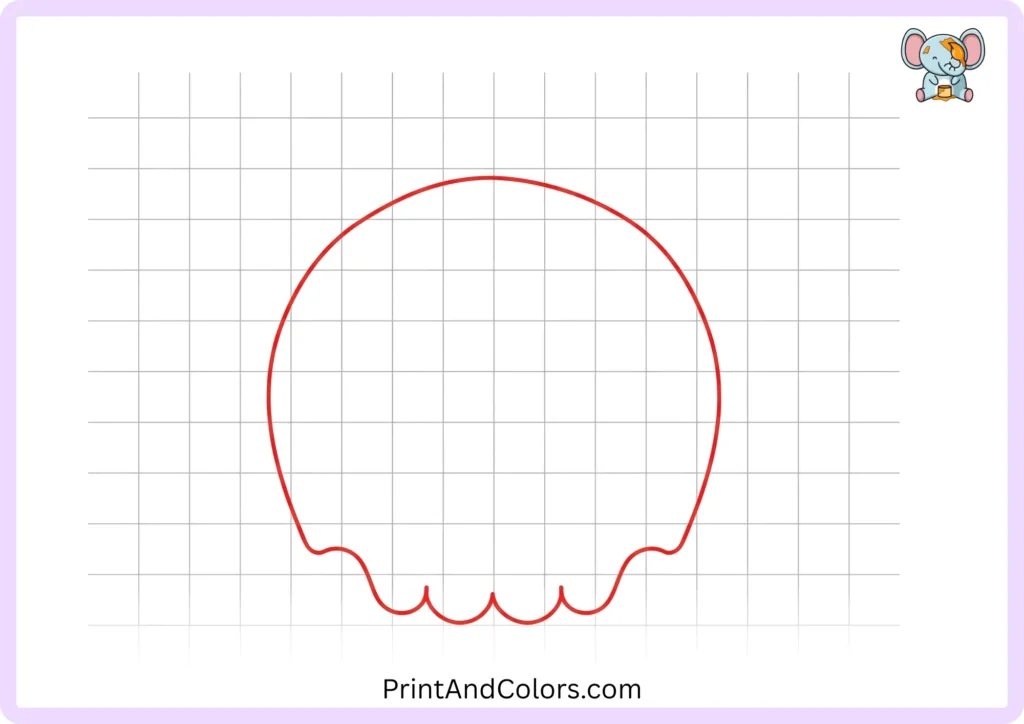 Step 1 of an easy skull drawing showing a large rounded cranium outline with curved sides and an open lower area reserved for the jaw