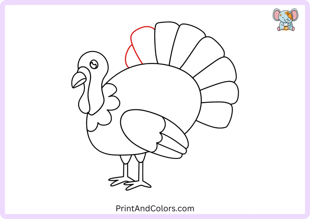 Easy turkey drawing step 11 showing the first large rounded tail feather behind the turkey's body