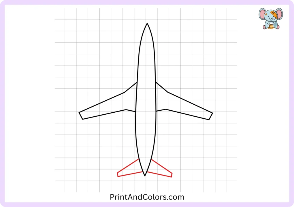 Step 3 of the easy airplane drawing showing two smaller horizontal tail wings added to the rear of the aircraft, with matching shapes extending to the left and right sides.