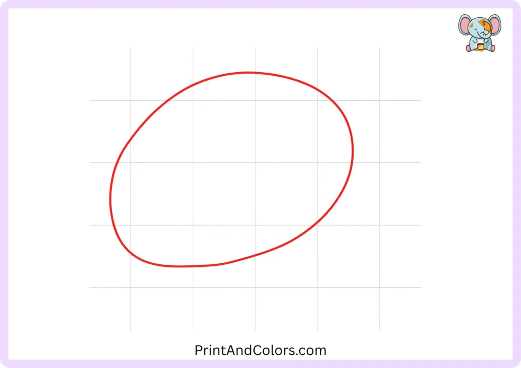 Easy turkey drawing step 1 showing a large rounded oval shape for the turkey's body