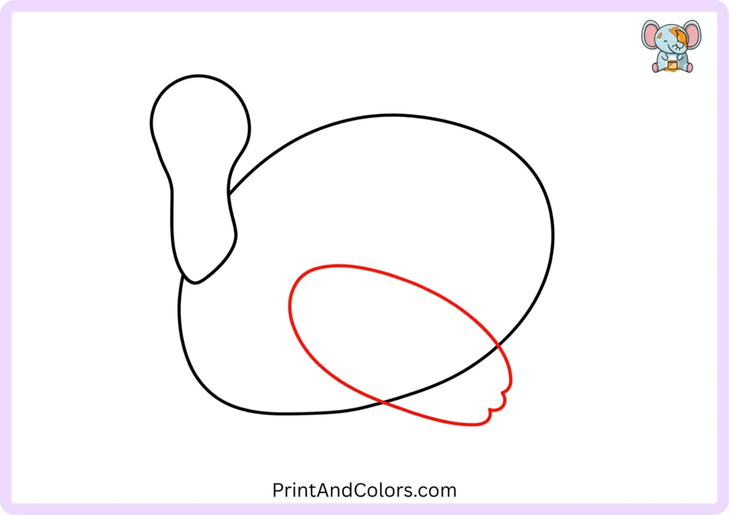 Easy turkey drawing step 3 showing a large curved wing drawn inside the turkey's body